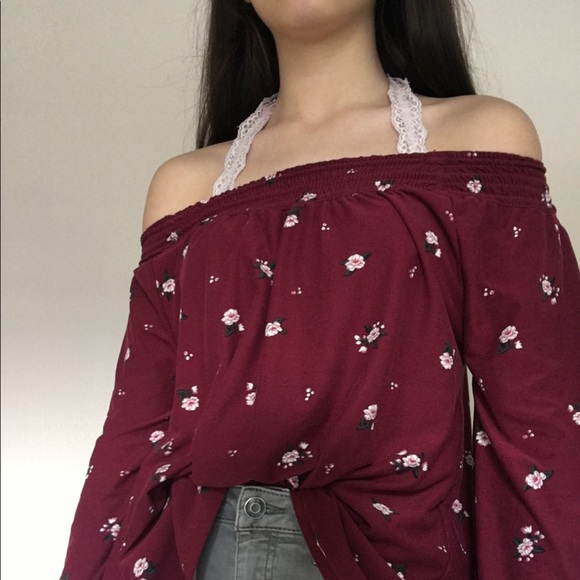 maroon off-the-shoulder floral top - Picture 6 of 6